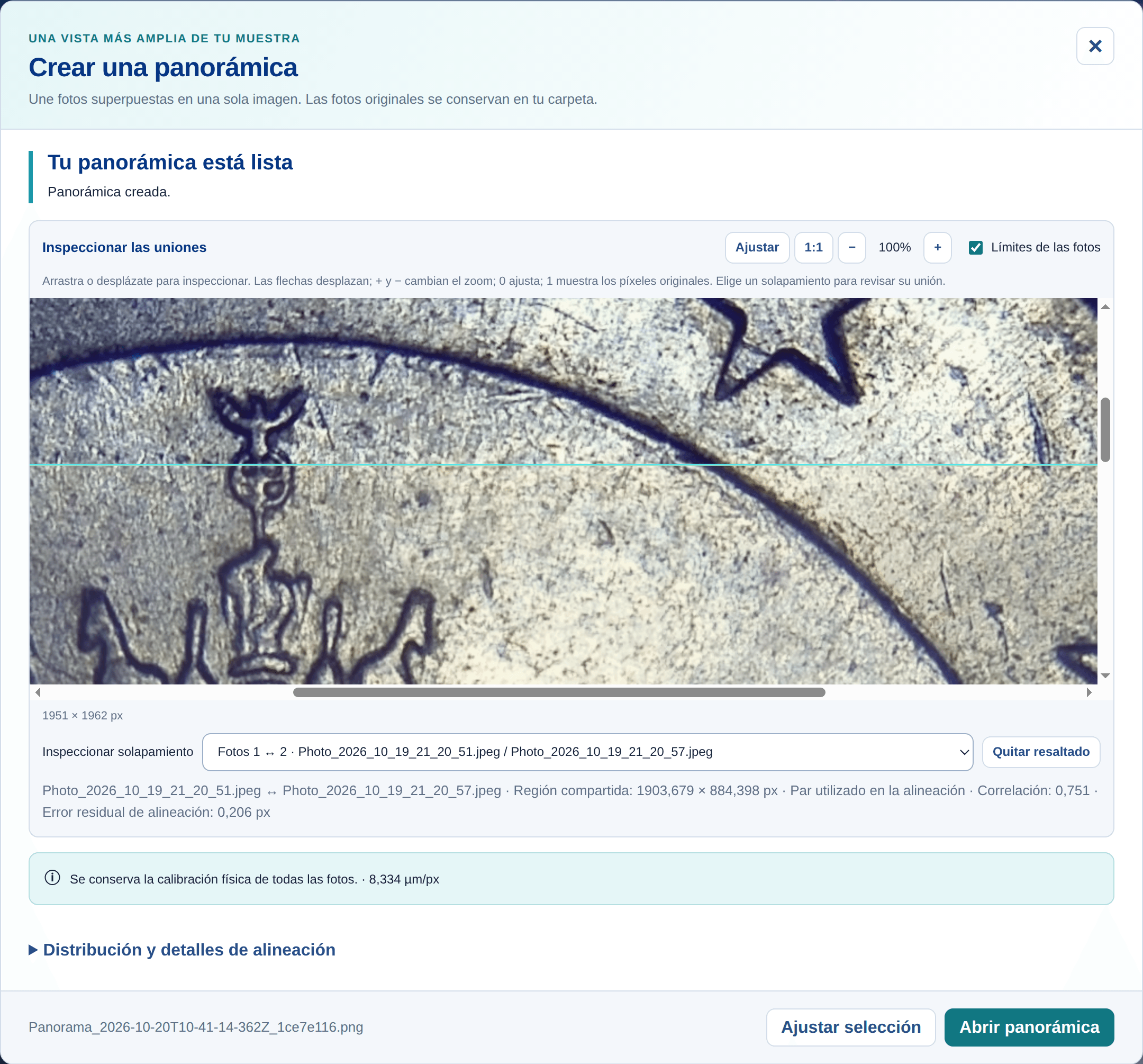 Panorámica de una moneda en G-Scope al 100 % con los límites de teselas y el solapamiento entre las fotos 1 y 2 seleccionado