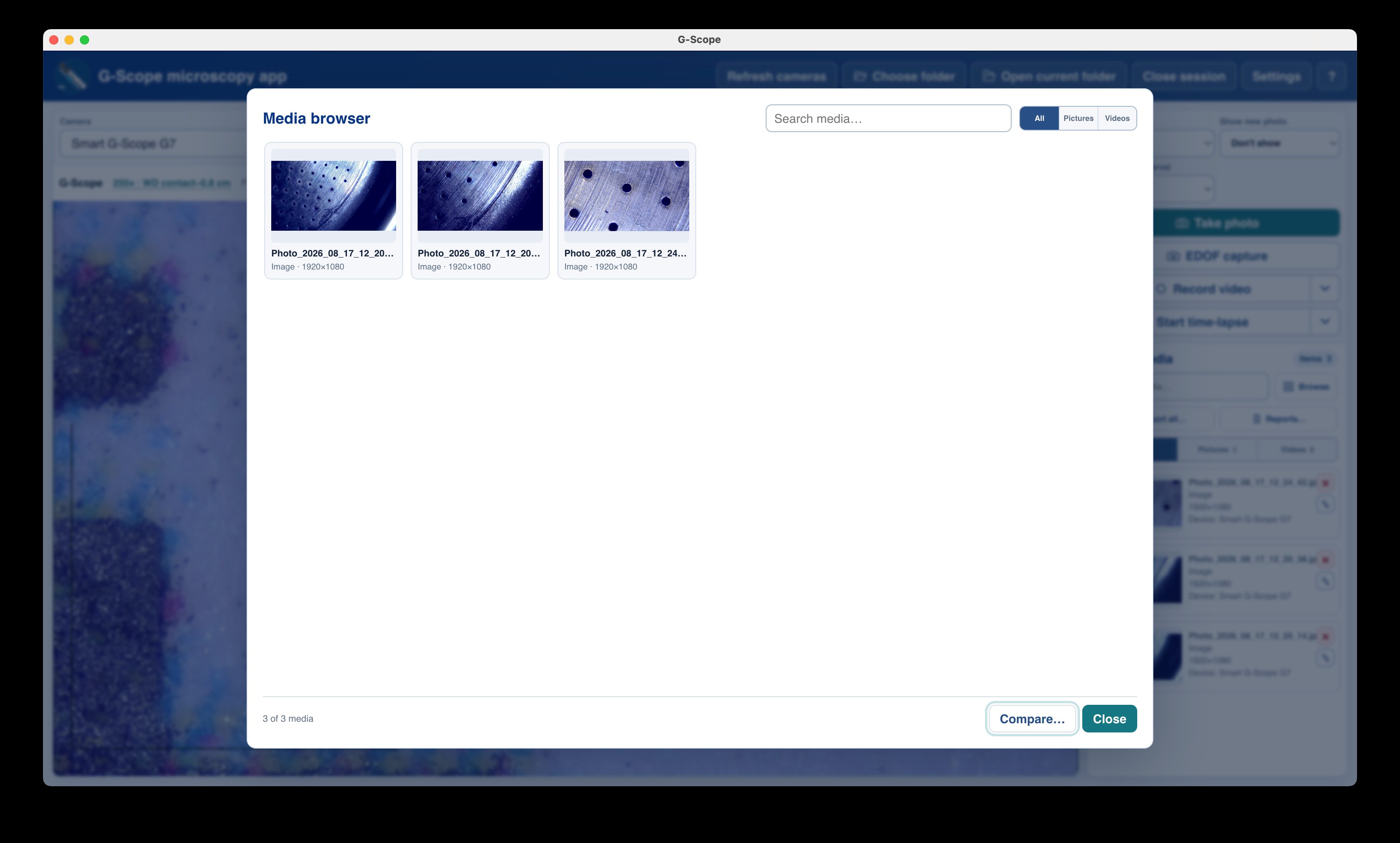 Explorador de medios de la sesión con capturas y vídeos