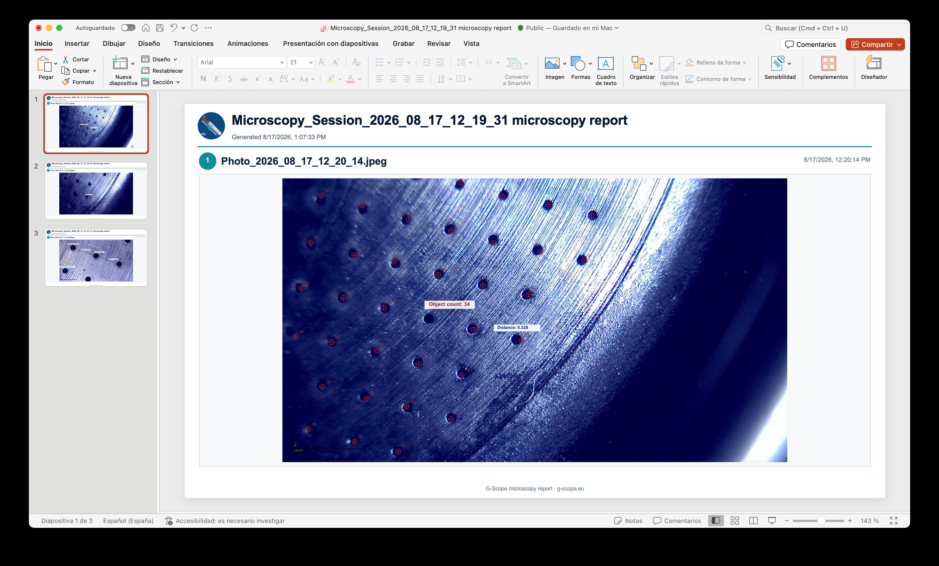 Diapositiva de informe PowerPoint con formas de medición editables