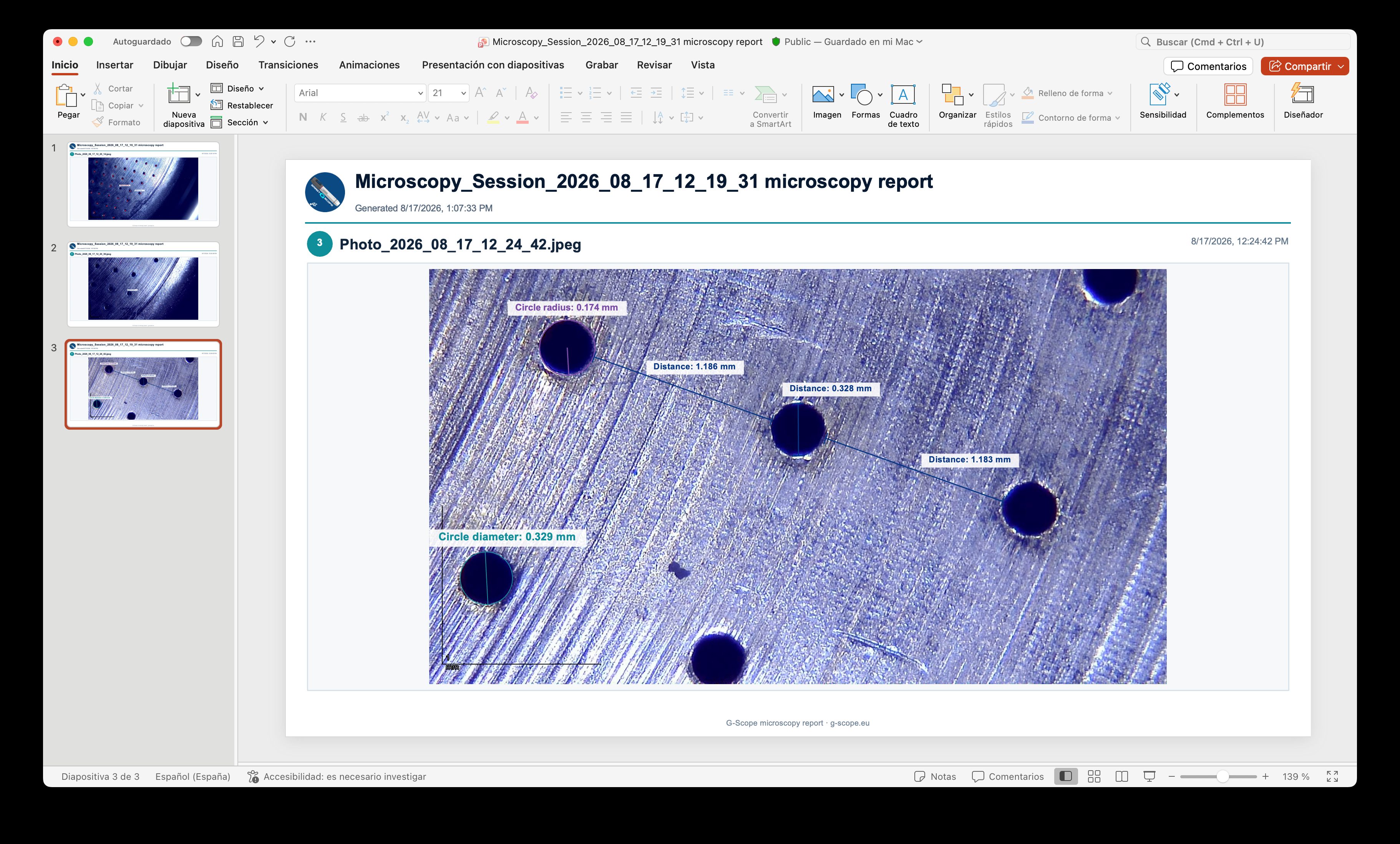 Diapositiva de informe PowerPoint con tablas y resúmenes de medición