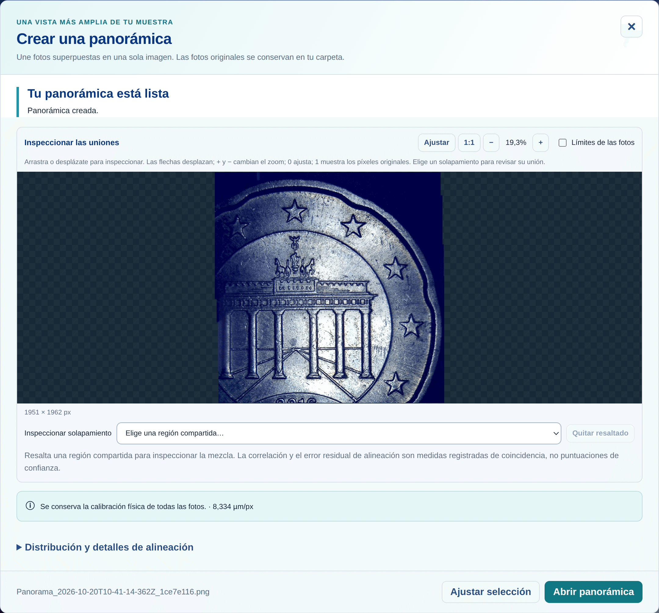Panorámica real de una moneda de 1951 por 1962 píxeles creada por G-Scope a partir de cuatro fotos de microscopio capturadas por separado
