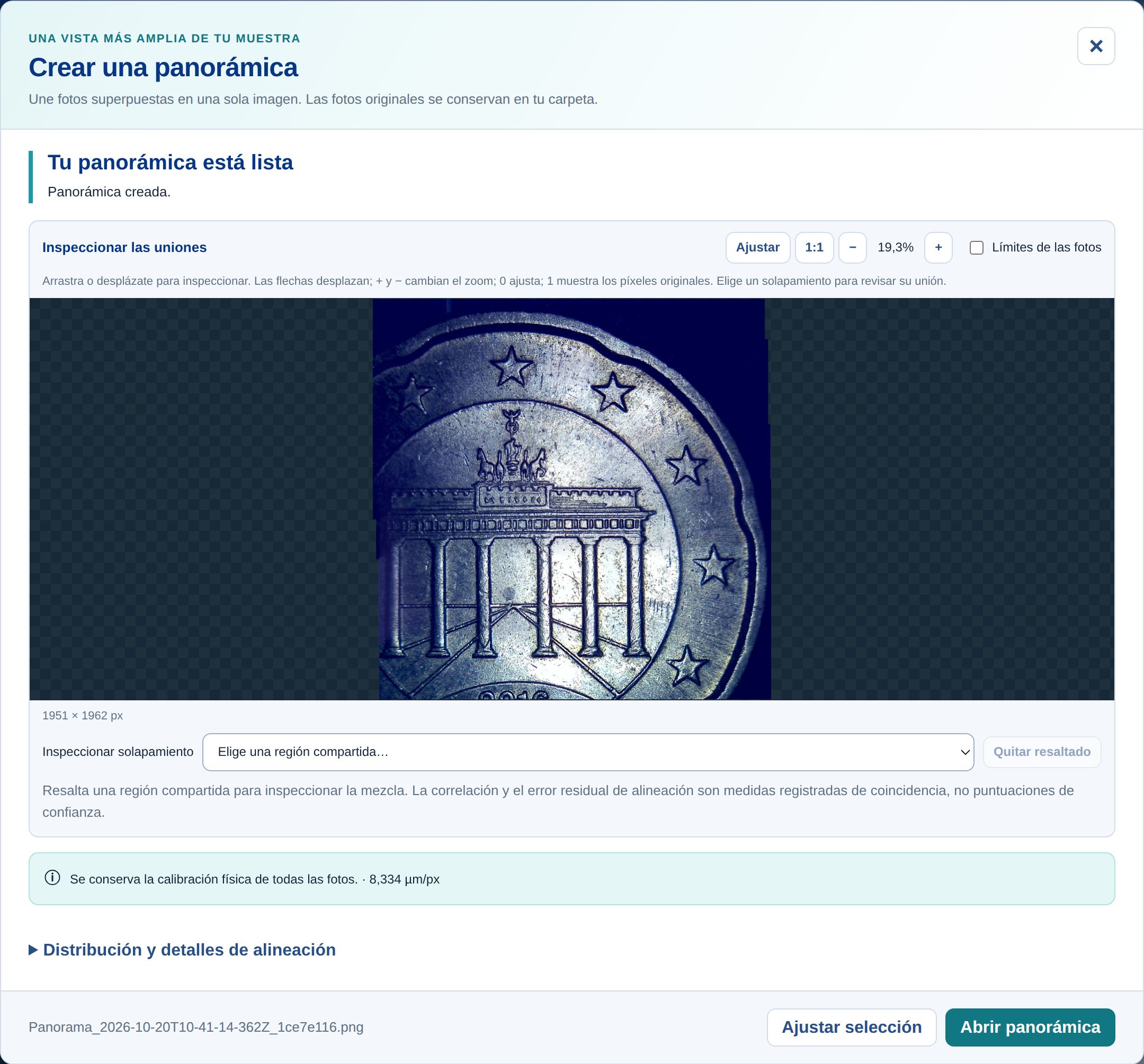 G-Scope Desktop muestra una panorámica de microscopio de una moneda y los controles para inspeccionar las uniones