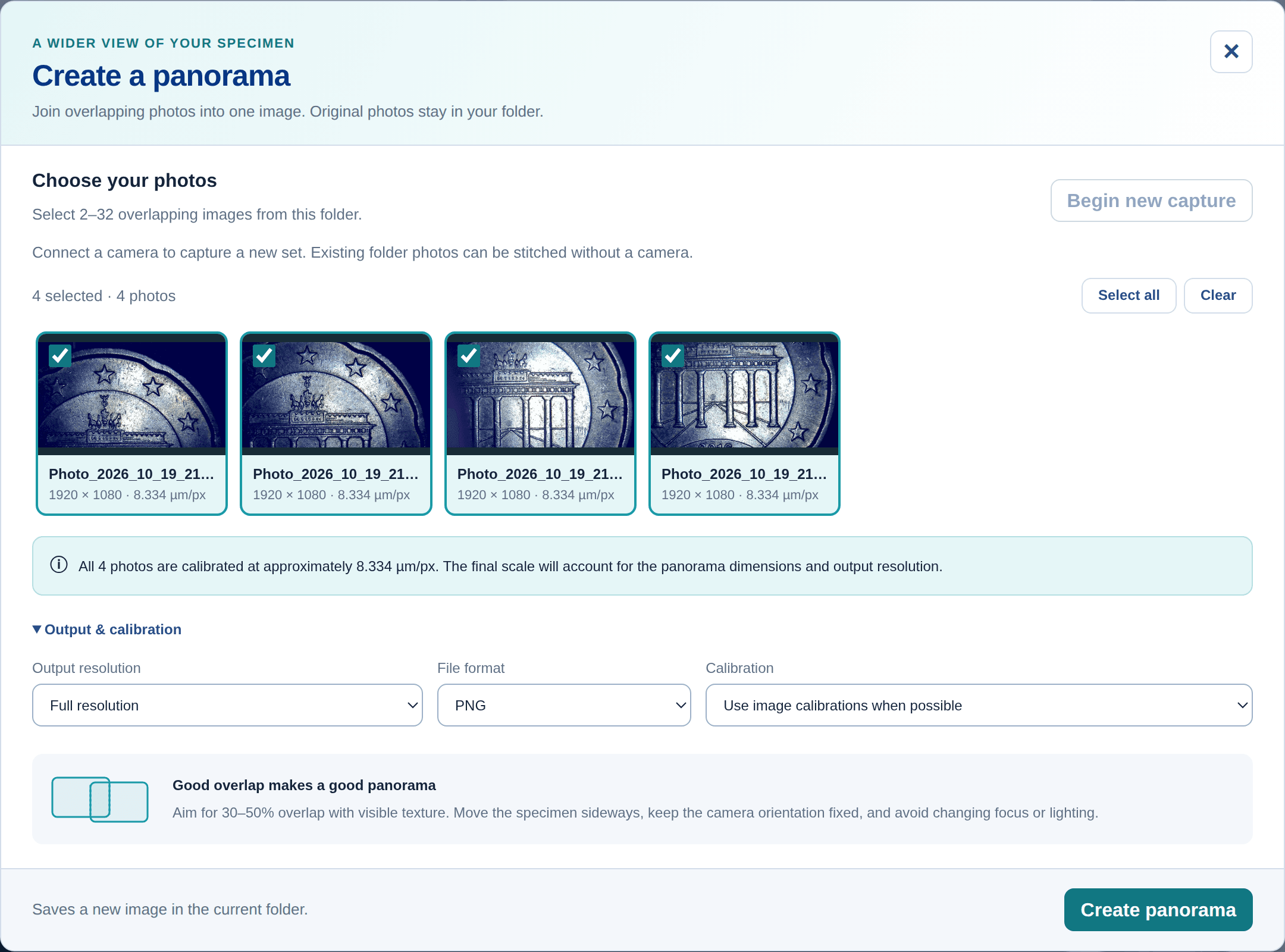 G-Scope panorama dialog with four selected microscope photos of a coin, matching physical calibration and output options