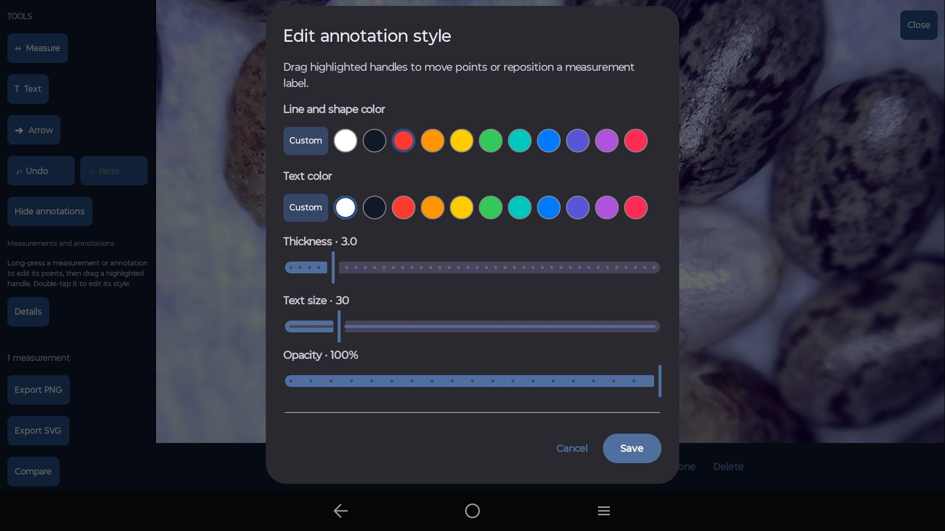 G-Scope on an Android tablet: Customize annotation colors, line width and text