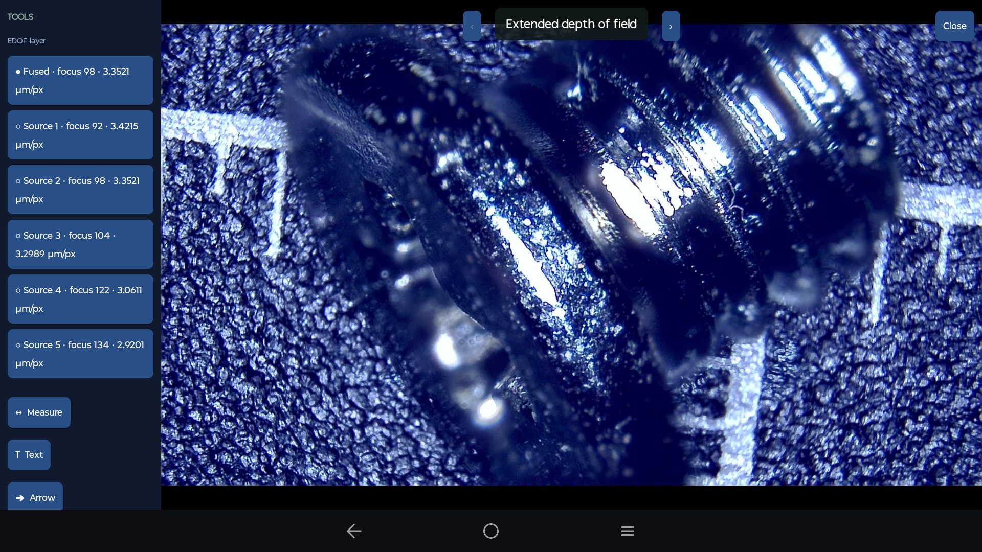 G-Scope on an Android tablet: Inspect the fused EDOF image and original focus layers