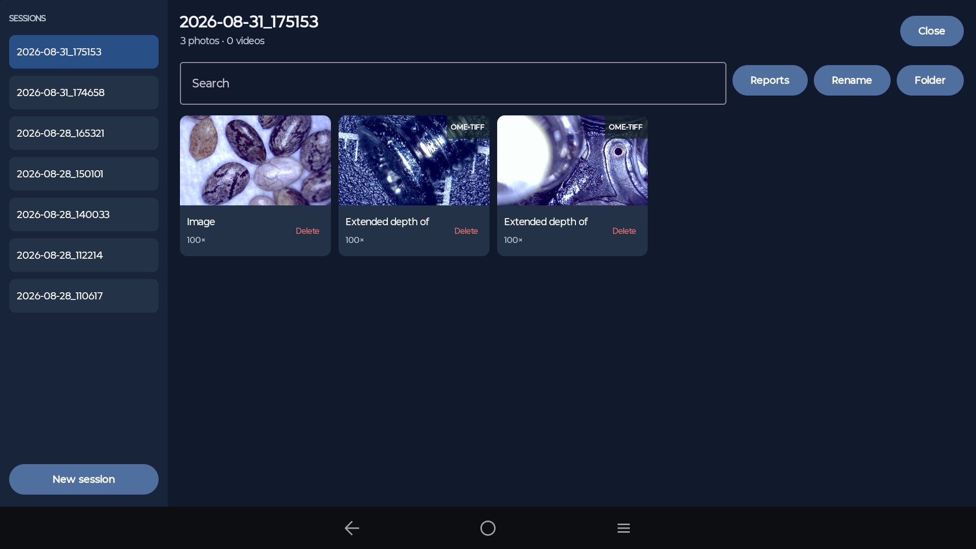 G-Scope on an Android tablet: Organize captures in local sessions