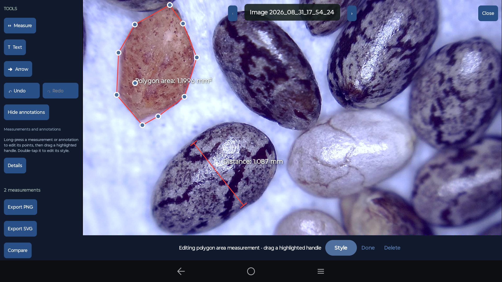 G-Scope on an Android tablet: Calibrated area measurements and annotations