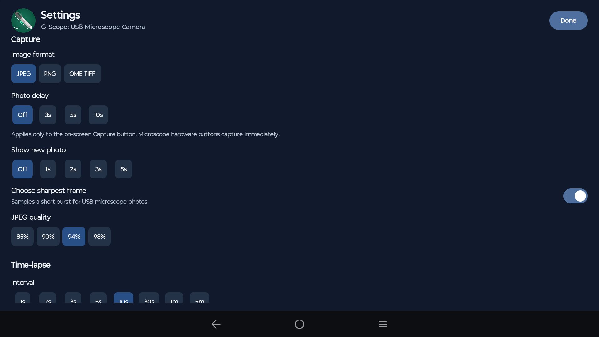 G-Scope on an Android tablet: Choose capture formats and time-lapse settings